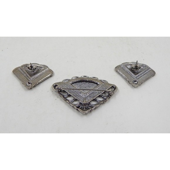 Avon Art Deco Faux Marcasite Pearlized Cream Black Enamel Fan Earrings Pin - Picture 2 of 12